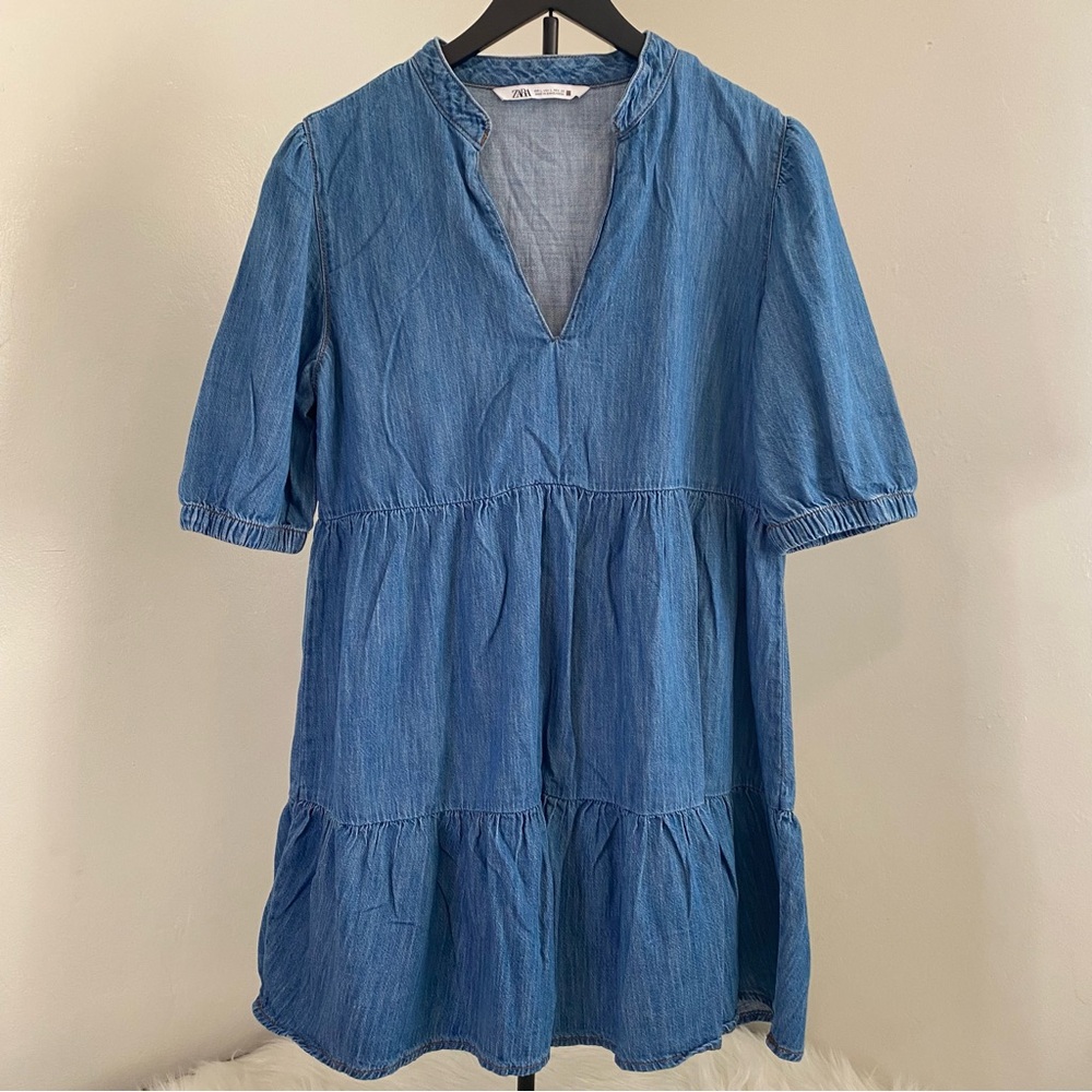 Zara Chambray Tiered Mini Dress Empire Waist Short Sleeve
